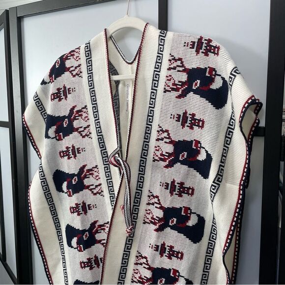 [l] Creme White Knit Holiday Poncho Sweater with Navy Blue & Red Reindeer Print - Picture 4 of 14